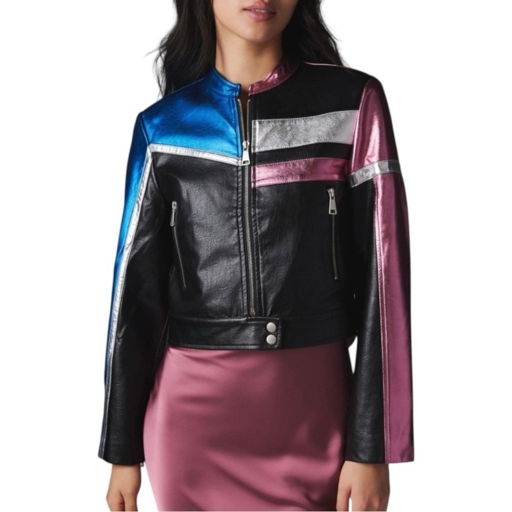Urban Outfitters UO Snoh Faux Leather Metallic‎ Cropped Moto Jacket Size Large